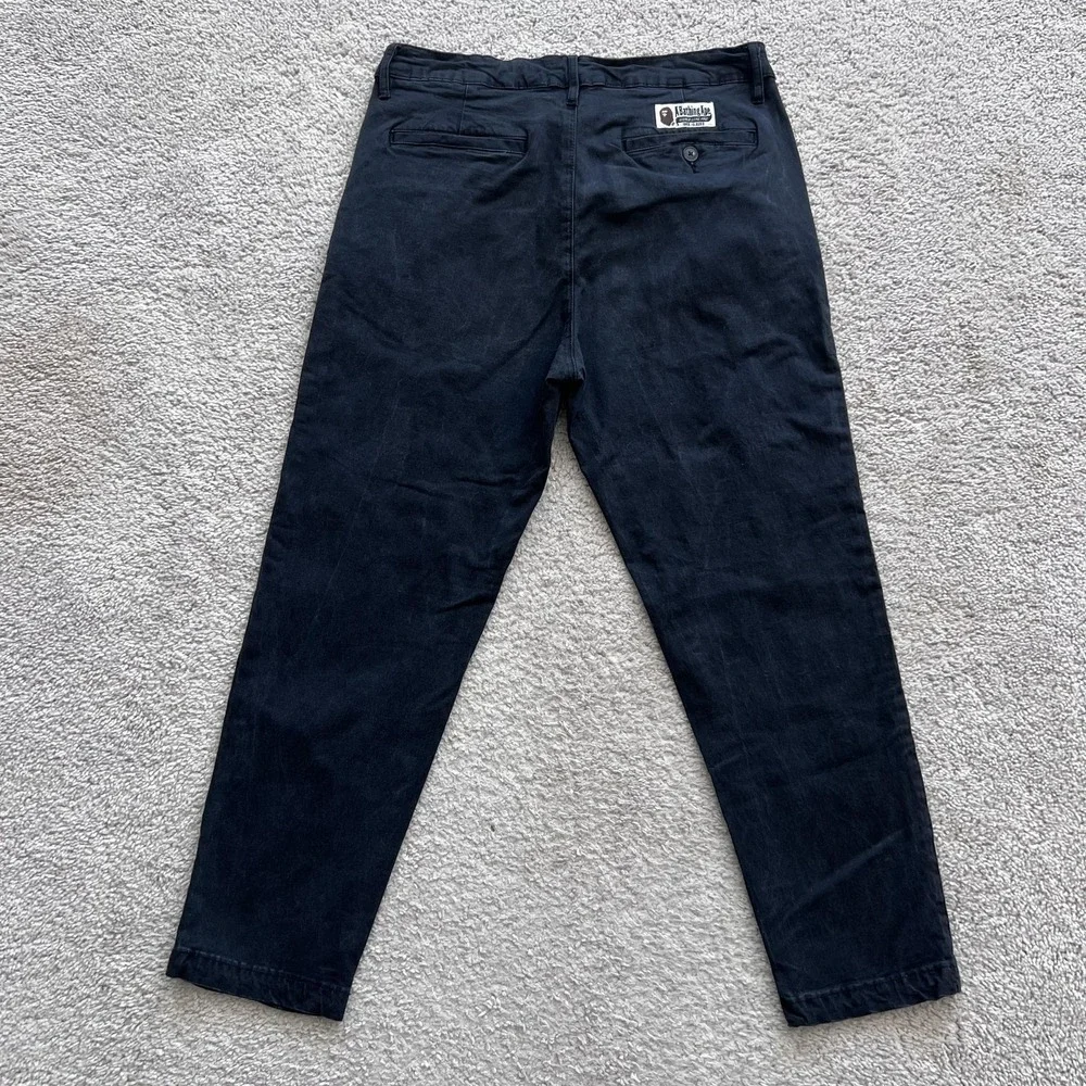 A Bathing Ape Chino Pants Mens M 30x25 Black Pleated Tapered Fit Stretch Logo
